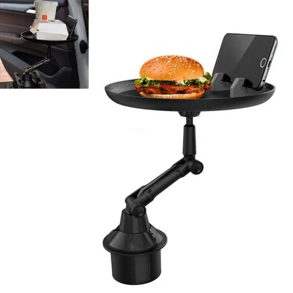 Car Cup Holder Tray Table with Adjustable Arm, Spacious Platform, and Sturdy Plastic Construction for Convenient In-Car Dining and Snacking