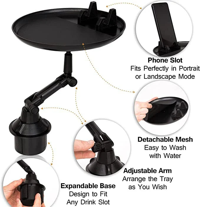 Car Cup Holder Tray Table with Adjustable Arm, Spacious Platform, and Sturdy Plastic Construction for Convenient In-Car Dining and Snacking