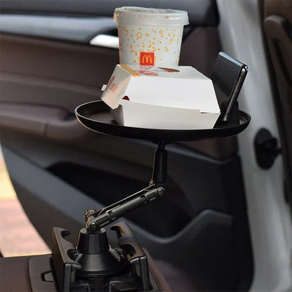Car Cup Holder Tray Table with Adjustable Arm, Spacious Platform, and Sturdy Plastic Construction for Convenient In-Car Dining and Snacking