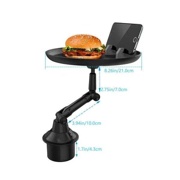 Car Cup Holder Tray Table with Adjustable Arm, Spacious Platform, and Sturdy Plastic Construction for Convenient In-Car Dining and Snacking