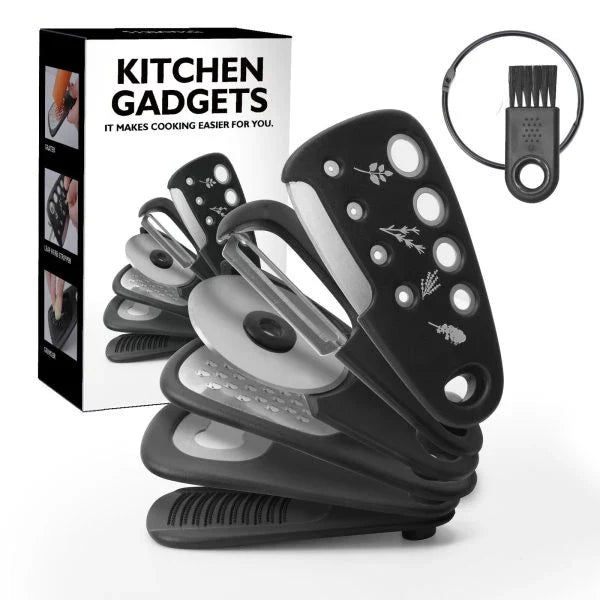 A set of 6 modern and sleek kitchen gadgets made of stainless steel and polypropylene for versatile cooking tasks