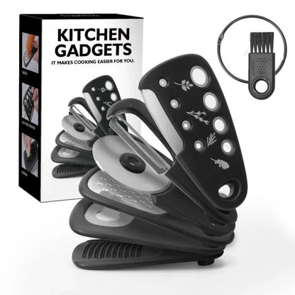 A set of 6 modern and sleek kitchen gadgets made of stainless steel and polypropylene for versatile cooking tasks