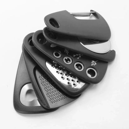 A set of 6 modern and sleek kitchen gadgets made of stainless steel and polypropylene for versatile cooking tasks