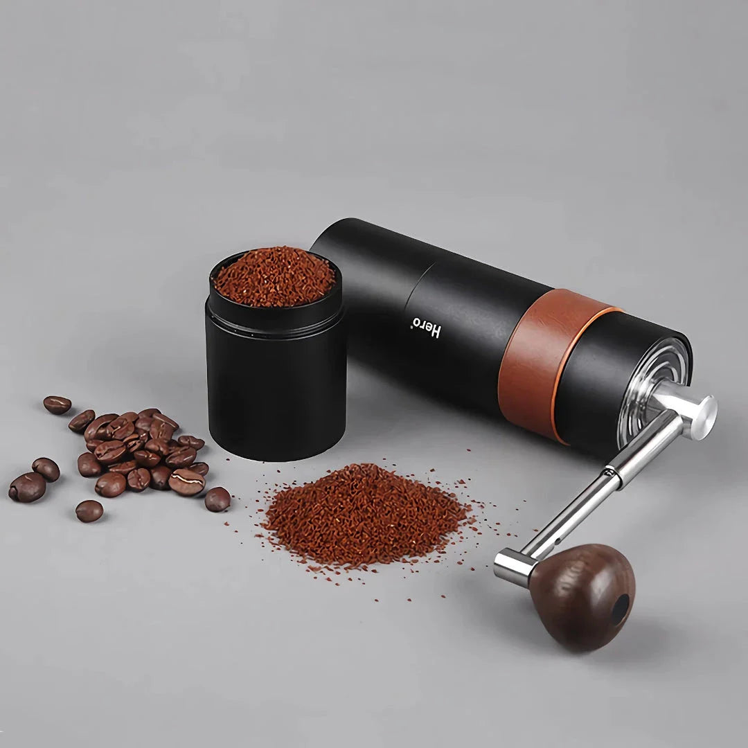 Stainless steel hand coffee grinder with conical burr design for precise, consistent grinding