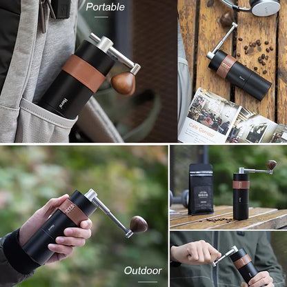 Stainless steel hand coffee grinder with conical burr design for precise, consistent grinding