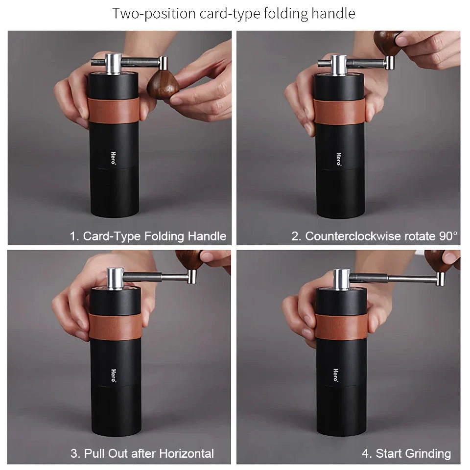 Stainless steel hand coffee grinder with conical burr design for precise, consistent grinding