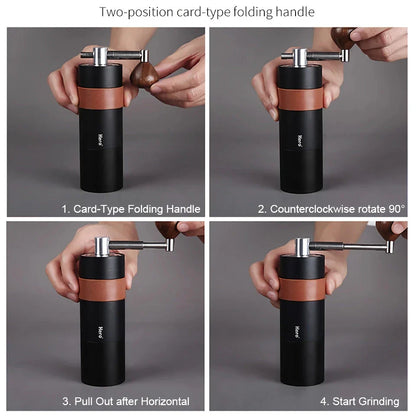 Stainless steel hand coffee grinder with conical burr design for precise, consistent grinding