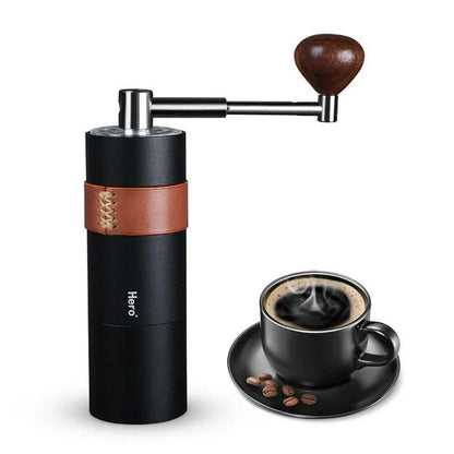 Stainless steel hand coffee grinder with conical burr design for precise, consistent grinding