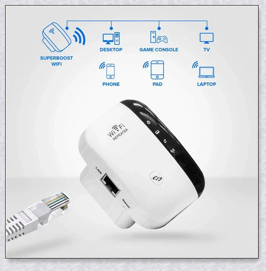Super Boost Wi-Fi Booster - Powerful home internet range extender with 300Mbps speeds and comprehensive coverage