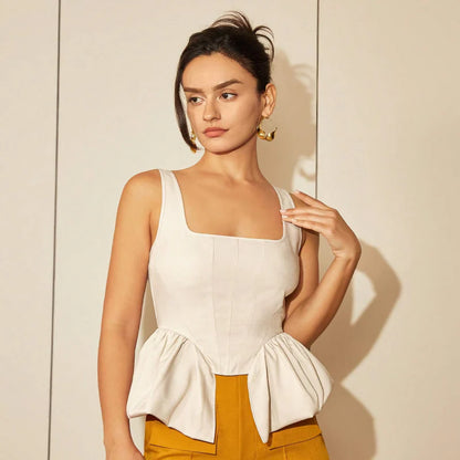 Chic square neck asymmetrical hem top in beige color, featuring a structured fit and premium polyester blend fabric for elevated style and comfort.