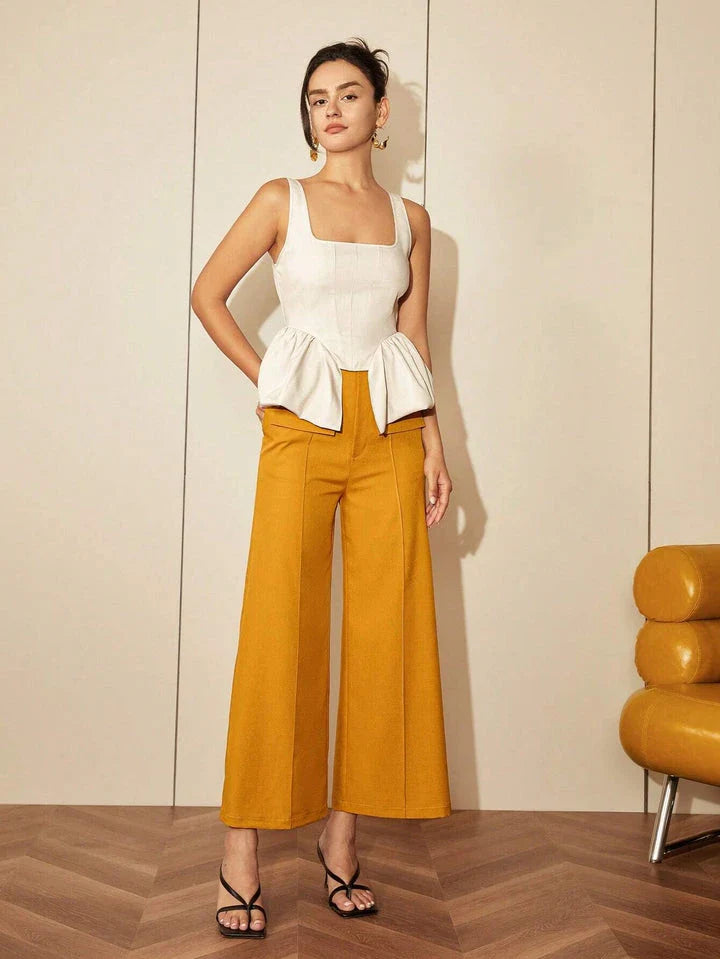 Chic square neck asymmetrical hem top in beige color, featuring a structured fit and premium polyester blend fabric for elevated style and comfort.