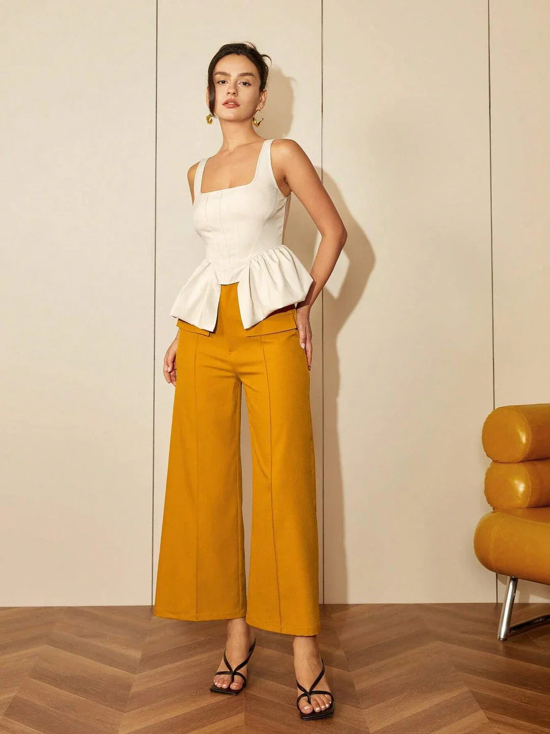 Chic square neck asymmetrical hem top in beige color, featuring a structured fit and premium polyester blend fabric for elevated style and comfort.