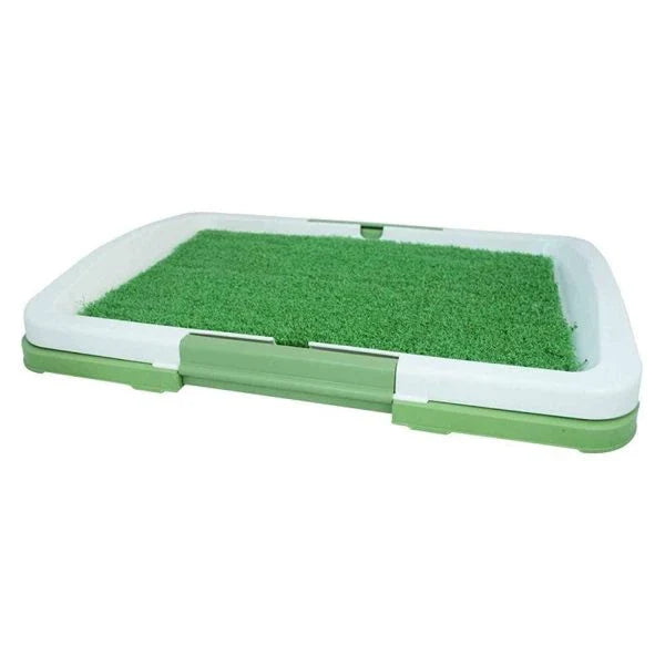 Indoor dog toilet training mat with realistic artificial grass surface and liquid-trapping design