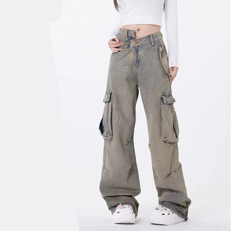 American Street Fashion Retro Denim Trousers in a blue color, featuring a relaxed straight-leg silhouette and cargo pockets for added functionality and style.