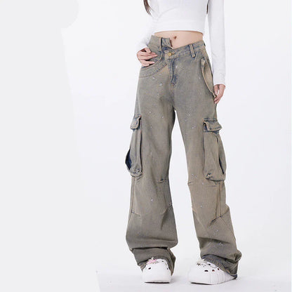 American Street Fashion Retro Denim Trousers in a blue color, featuring a relaxed straight-leg silhouette and cargo pockets for added functionality and style.