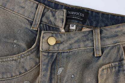 American Street Fashion Retro Denim Trousers in a blue color, featuring a relaxed straight-leg silhouette and cargo pockets for added functionality and style.