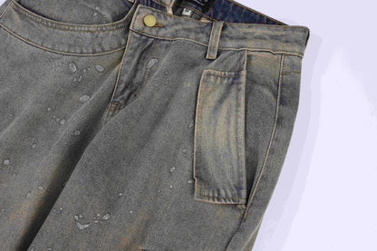 American Street Fashion Retro Denim Trousers in a blue color, featuring a relaxed straight-leg silhouette and cargo pockets for added functionality and style.