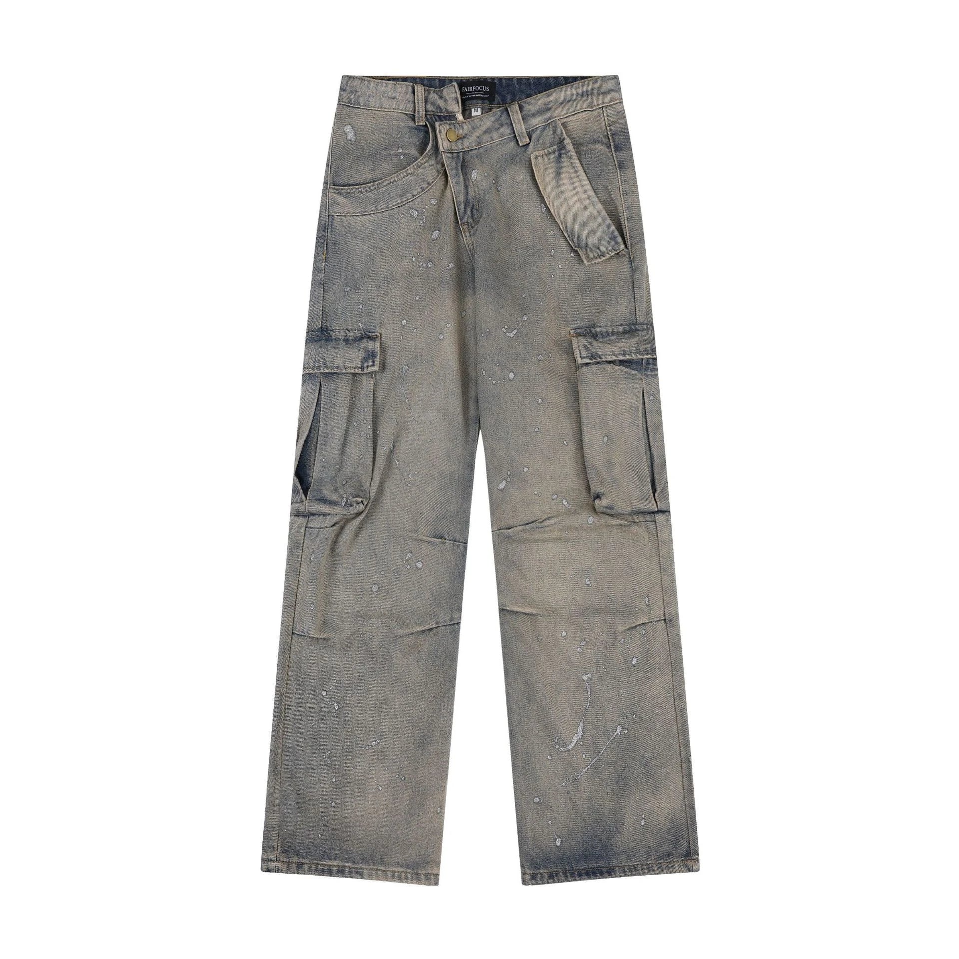 American Street Fashion Retro Denim Trousers in a blue color, featuring a relaxed straight-leg silhouette and cargo pockets for added functionality and style.
