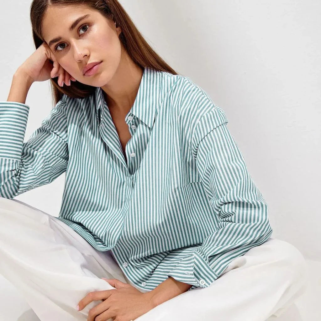 Casual striped cotton blouse with lace-up detail, perfect for versatile wear from the office to weekends.
