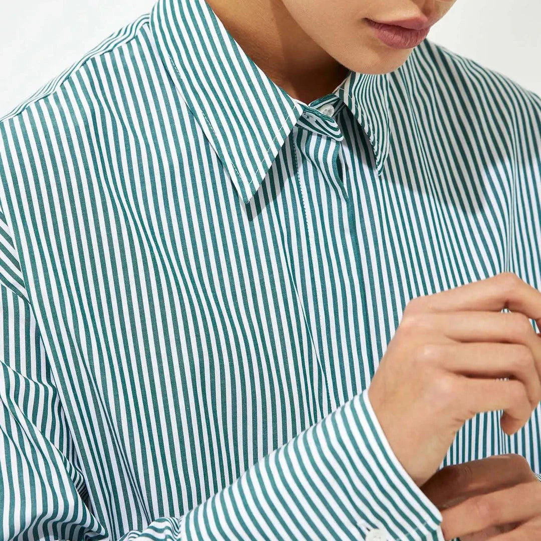 Casual striped cotton blouse with lace-up detail, perfect for versatile wear from the office to weekends.