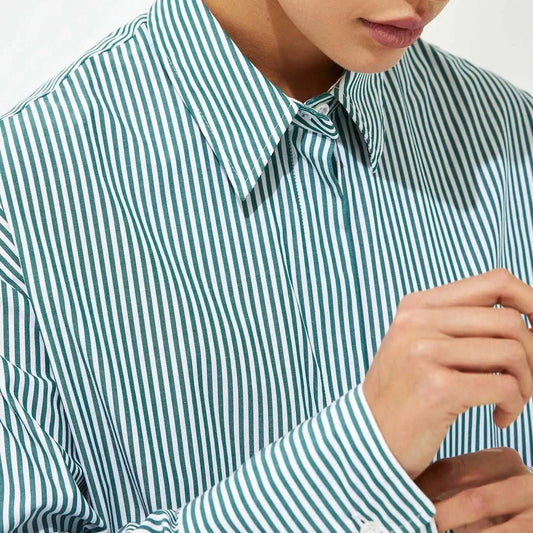 Casual striped cotton blouse with lace-up detail, perfect for versatile wear from the office to weekends.