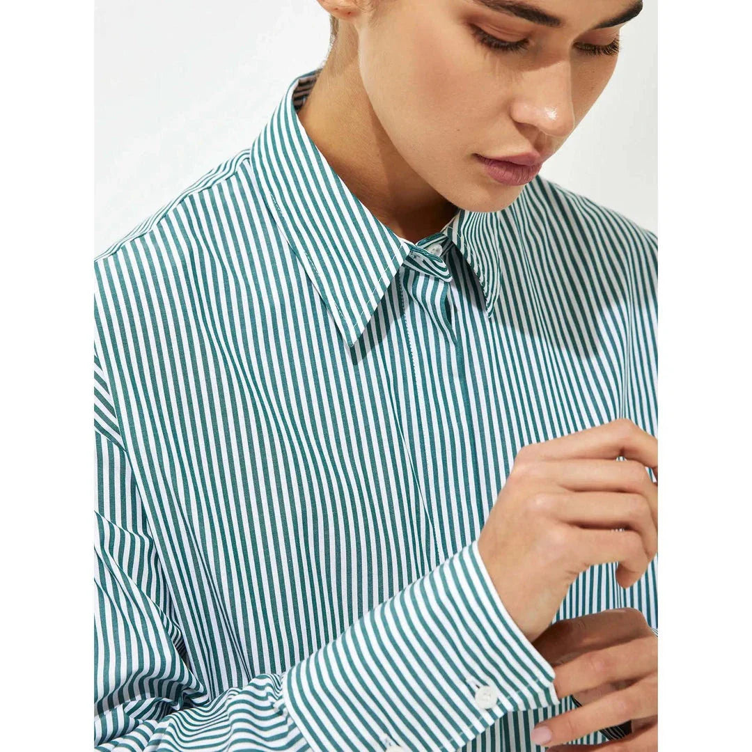 Casual striped cotton blouse with lace-up detail, perfect for versatile wear from the office to weekends.