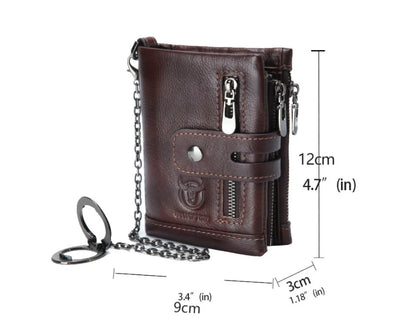 Leather mobile phone holder wallet with multi-function anti-theft chain in black, brown, and yellow brown colors