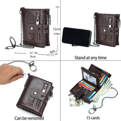 Leather mobile phone holder wallet with multi-function anti-theft chain in black, brown, and yellow brown colors