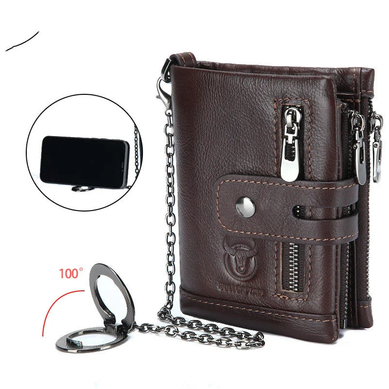 Leather mobile phone holder wallet with multi-function anti-theft chain in black, brown, and yellow brown colors