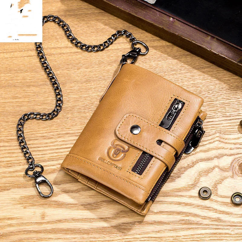 Leather mobile phone holder wallet with multi-function anti-theft chain in black, brown, and yellow brown colors