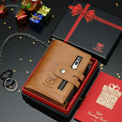 Leather mobile phone holder wallet with multi-function anti-theft chain in black, brown, and yellow brown colors