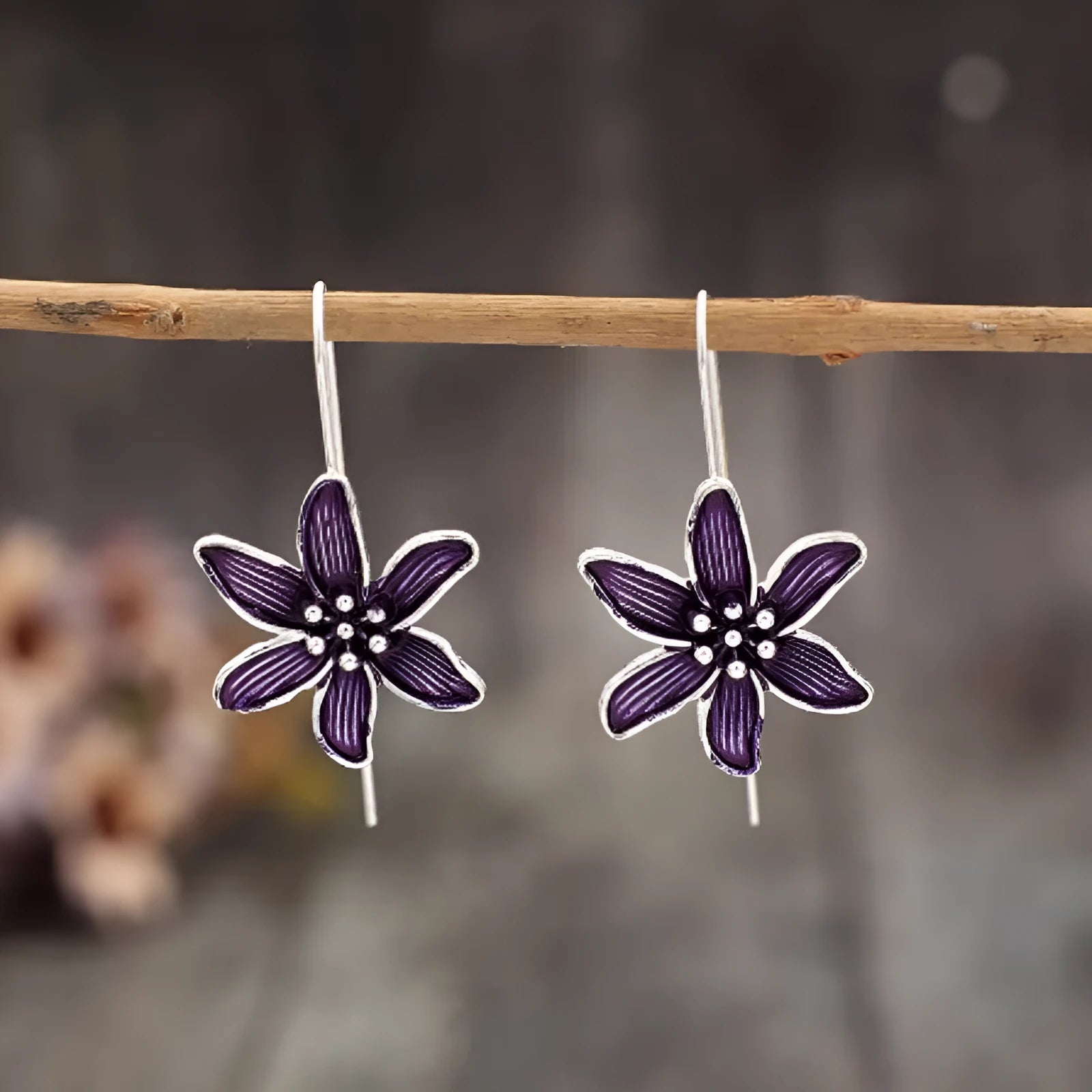 Purple flower-shaped alloy earrings with electroplated finish and post fastening
