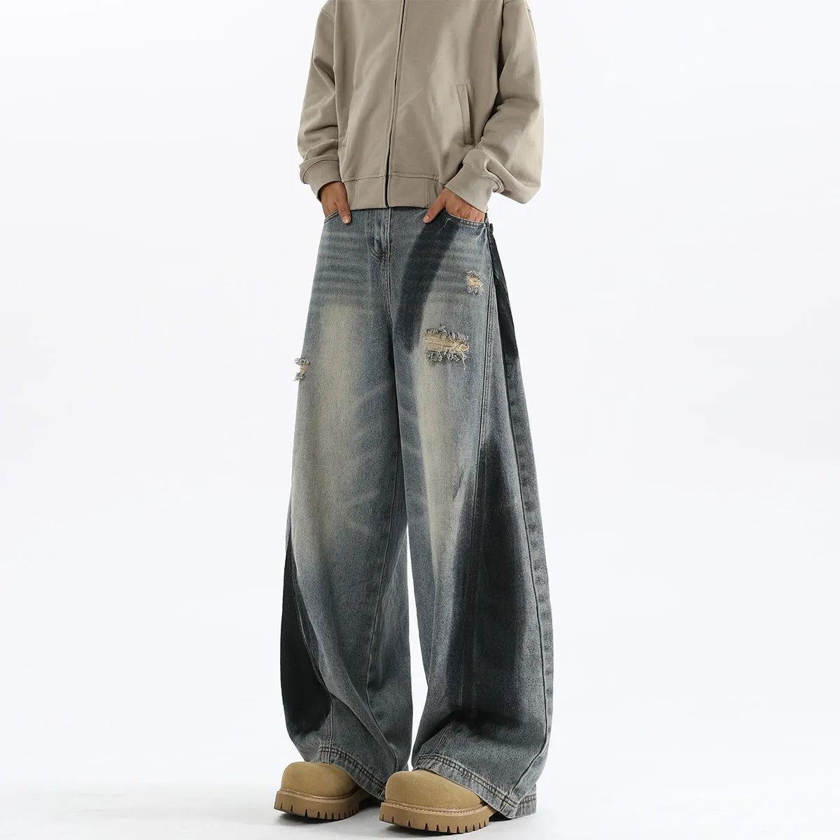 Men's blue American-style ripped jeans with splash-ink pattern and micro elastic cotton fabric