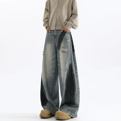 Men's blue American-style ripped jeans with splash-ink pattern and micro elastic cotton fabric