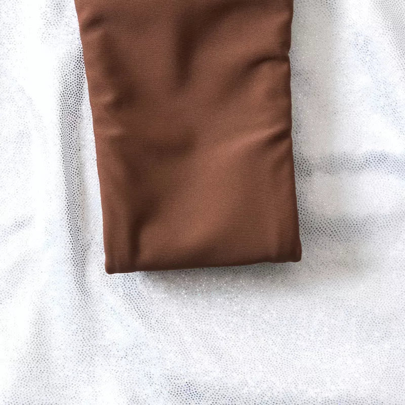 Solid color double-layer fabric split swimsuit in green and coffee, ideal for active women