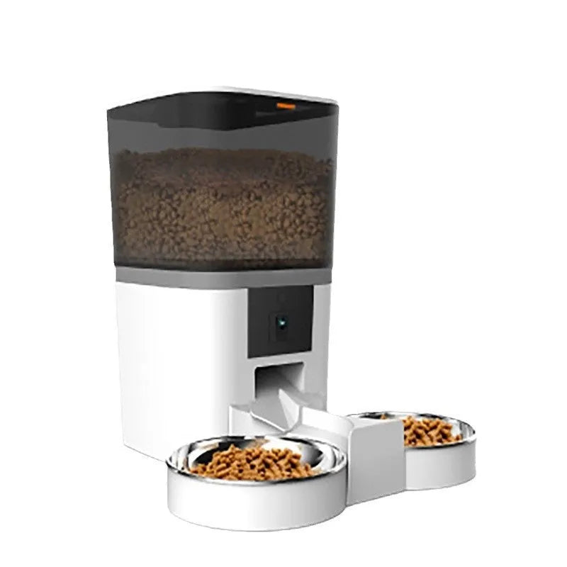 Automatic pet feeder for cats and dogs, 4L or 6L double feeding, white or black plastic with feeding dish