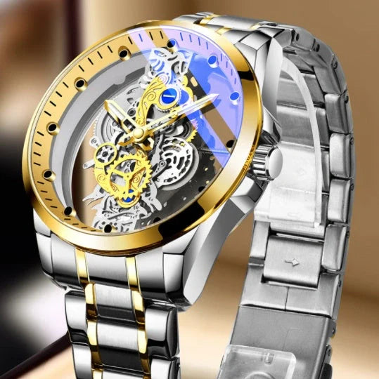 Men's skeleton automatic quartz watch with gold finish and mineral glass face