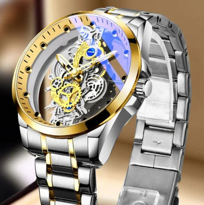 Men's skeleton automatic quartz watch with gold finish and mineral glass face