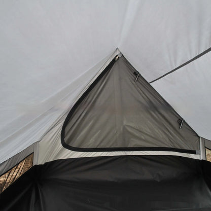 Brown and white portable A-line camping tent set up with hiking poles, showing its spacious interior for 2-3 people.