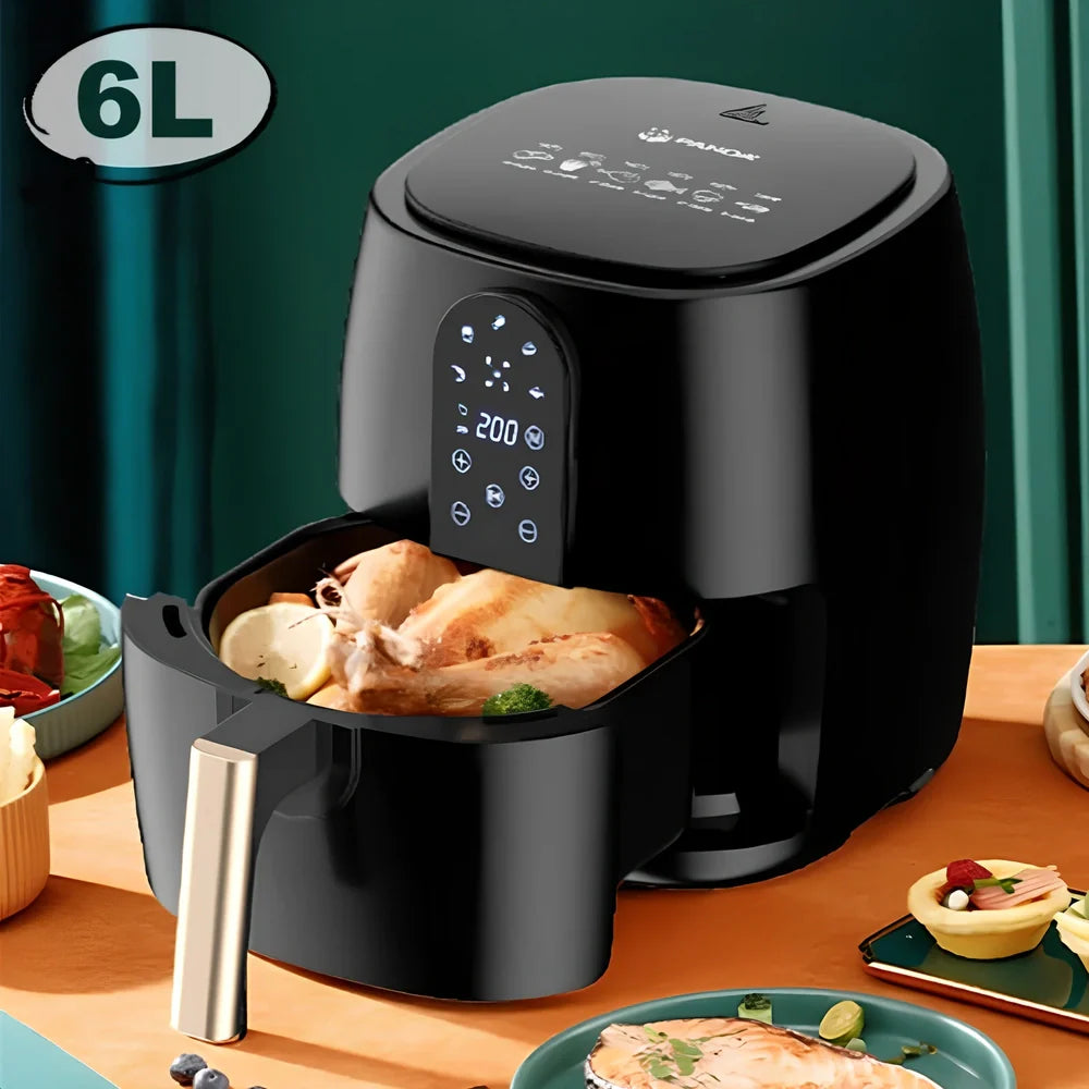 Black touch screen air fryer with 4.5-6L capacity and 1350W power rating