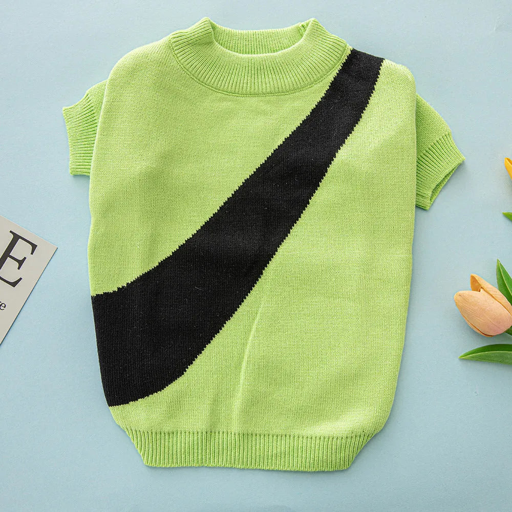 Casual wool knitted dog jumper shown in various colours including black, pink, and blue, sized for small to large breeds.
