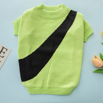 Casual wool knitted dog jumper shown in various colours including black, pink, and blue, sized for small to large breeds.