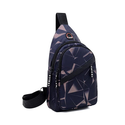 Men's sling chest bag in blue with earphone hole, crossbody strap, and zipper pockets, measuring 17cm wide.