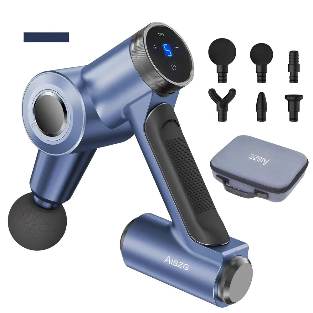 Metallic grey fascia gun with six massage heads in portable luggage case