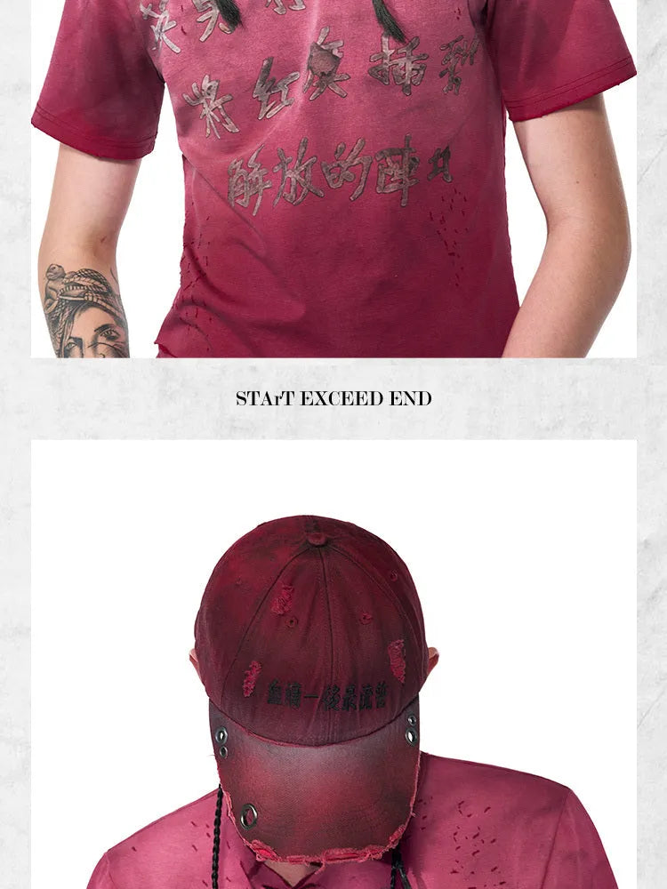 Rose red cotton peaked cap with adjustable strap and structured peak