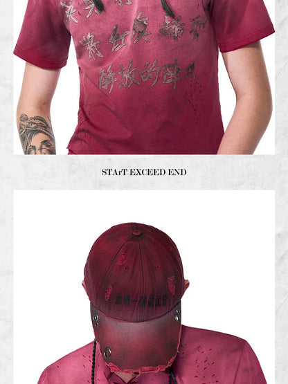 Rose red cotton peaked cap with adjustable strap and structured peak