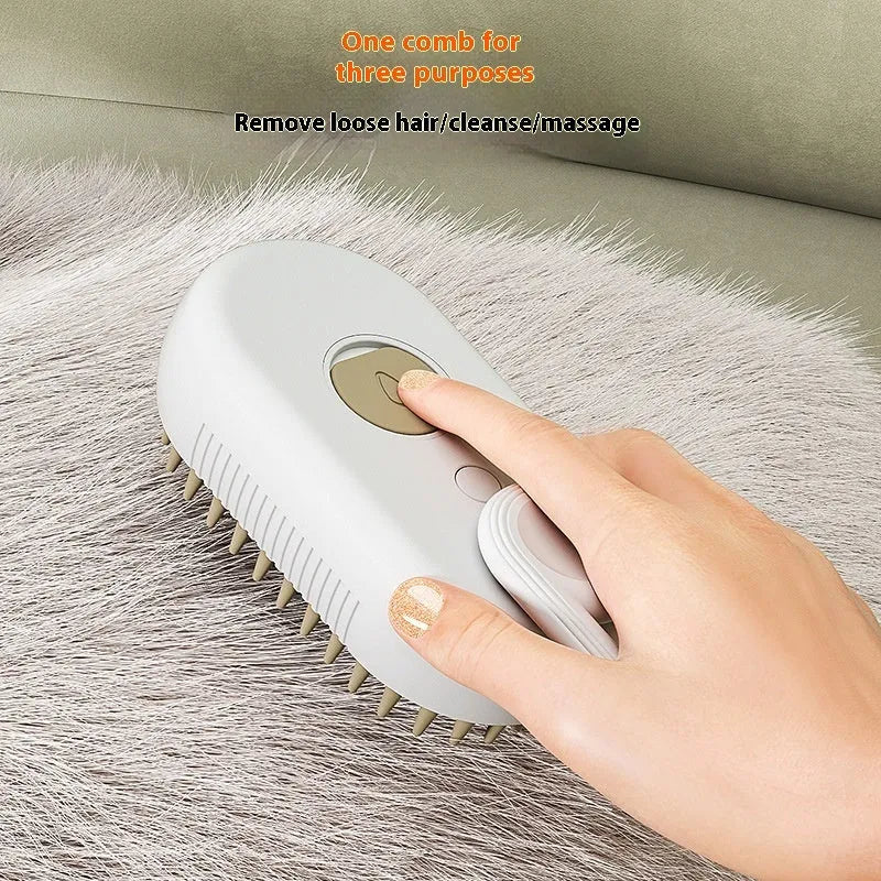 Dog grooming spray bottle and massaging comb kit on a white background.