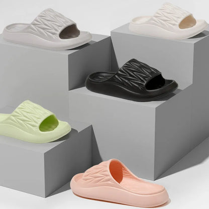 Leaf texture pattern EVA slippers in various colours showing non-slip sole design