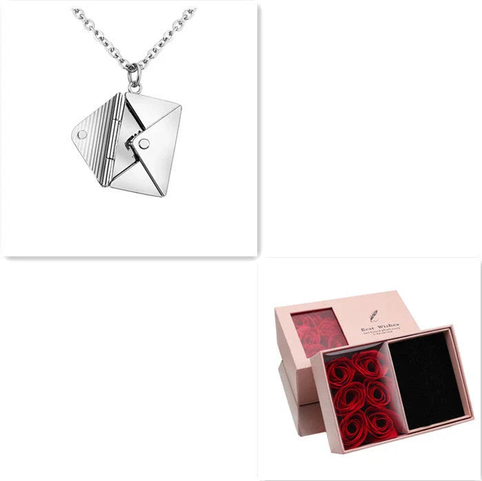 Stylish titanium steel envelope necklace with a discreet compartment for storing personal keepsakes