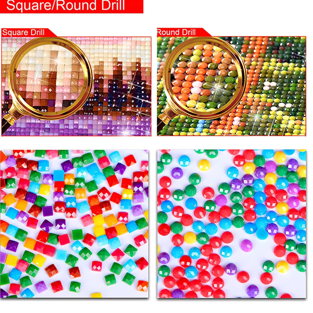 Diamond painting DIY kit showing four consecutive canvas panels forming 115x60cm artwork with oil-on-canvas material